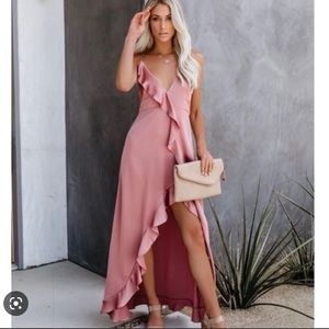 Vici best guest satin ruffle maxi dress mauve